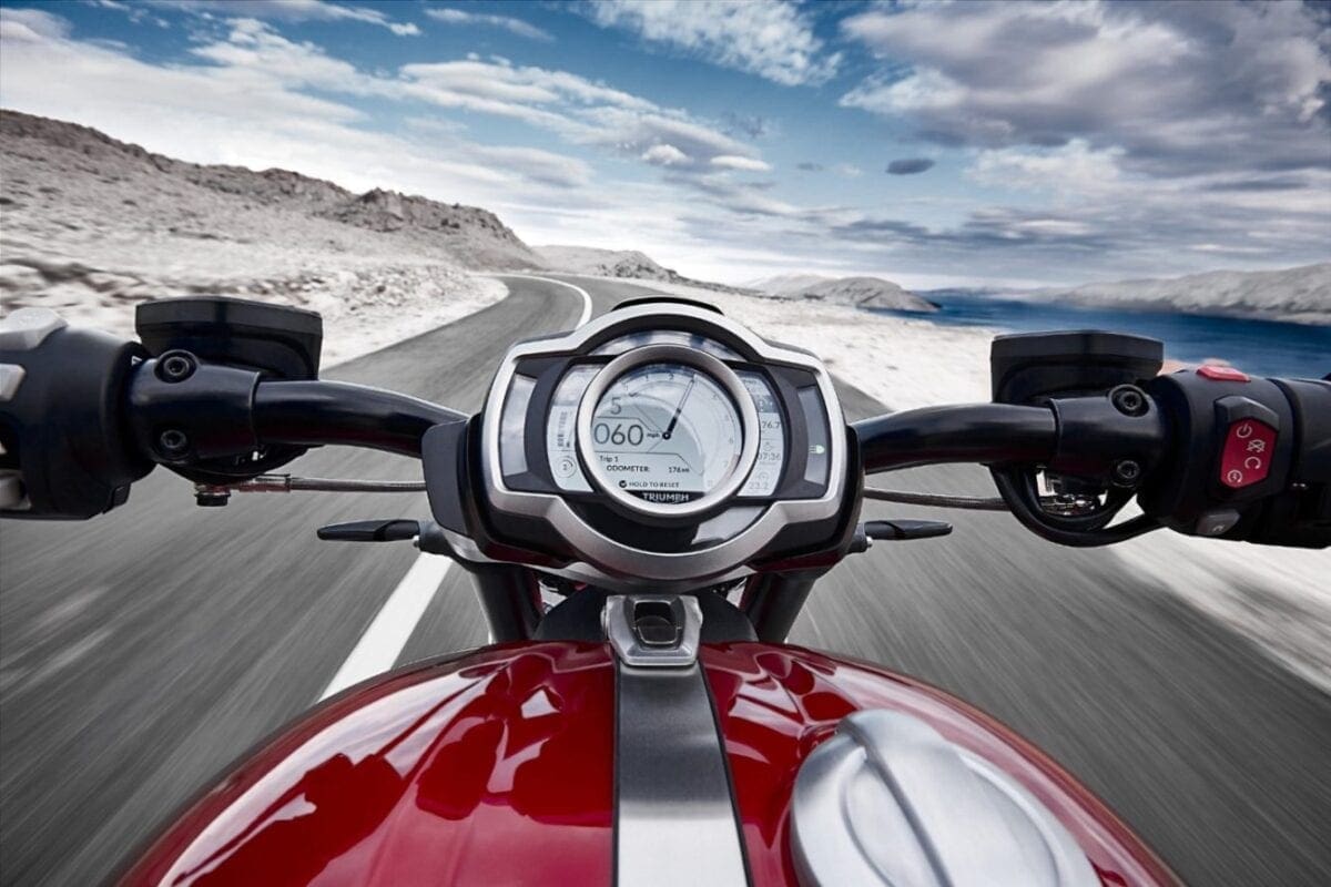 There's GoPro connectivity software built in to the TFT dash on the 2020 Triumph Rocket 3 motorcycle.