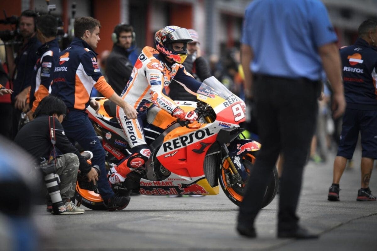 Marc Marquez on his Honda Moto GP race motorcycle. Coming out of the pits at the Motegi circuit for the Japan GP.