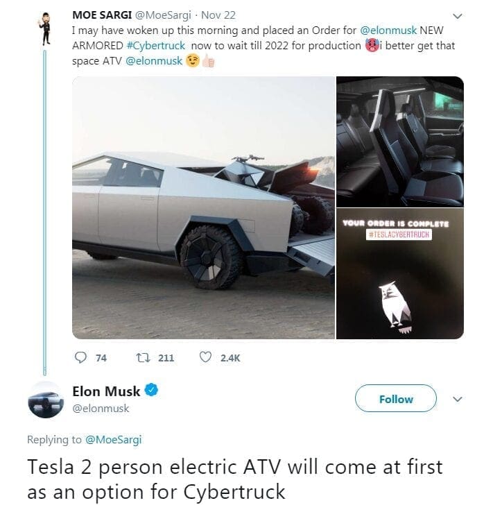 It's confirmed. The Cyberquad will be available as an option to those who buy the Cybertruck. Note the 'at first' part of this post from Musk too, sounds like it might also be a buy-alone product in the future - donchathink? 