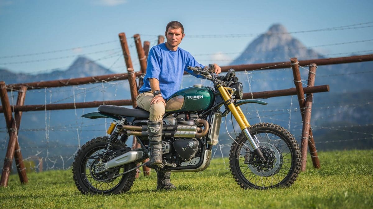 Lorry mechanic and TV personality Guy Martin astride a custom Triumph Scrambler 1200 XE