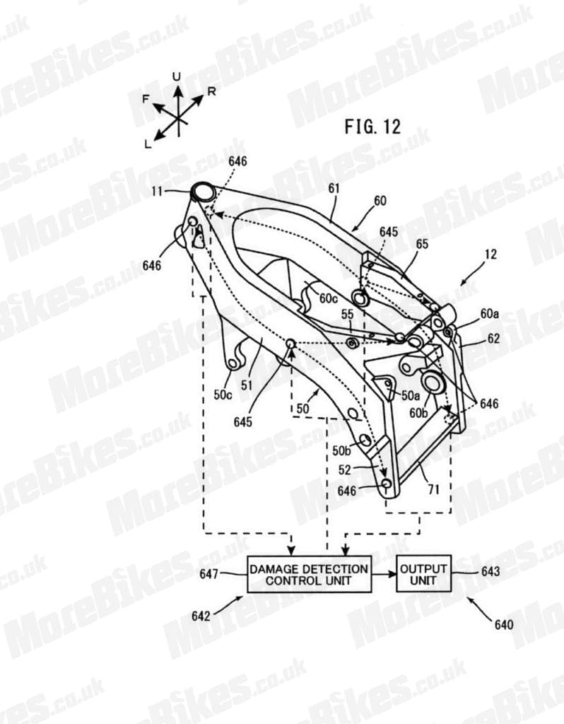 The dotted line within the carbon-fibre resin frame is the detection wire that, if damaged at any of the key points built into the frame, tells the rider that the chassis is damaged. 