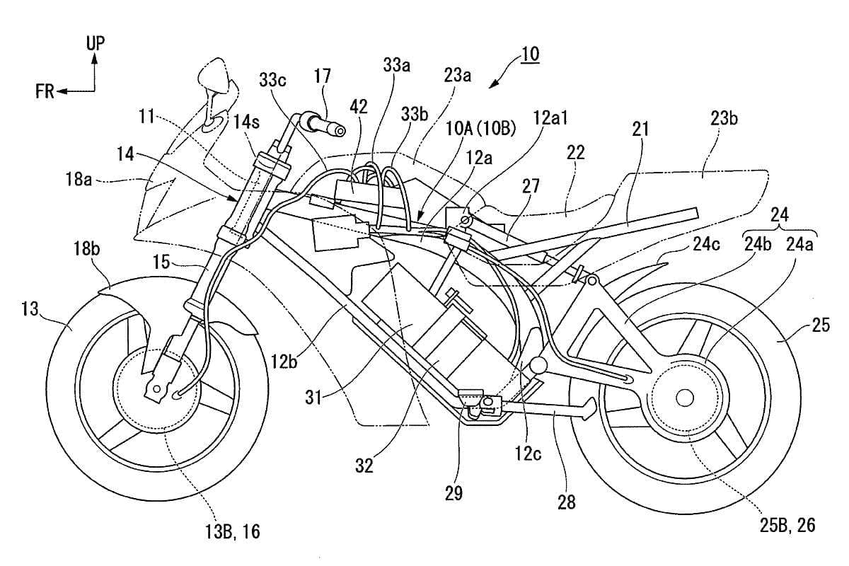 Batteries at the bottom of the chassis, regen on the front wheel, triangular swingarm. The all-electric Honda motorcycle is on the way. 