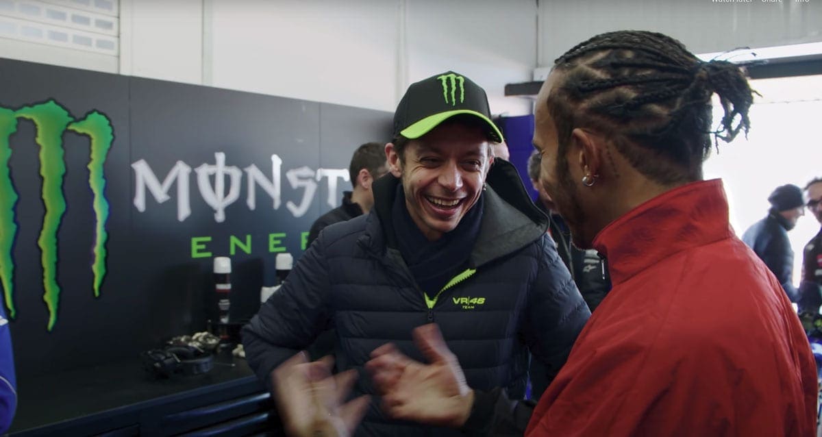 In a video released by Monster Energy, check out seven-time Formula One World Champion Lewis Hamilton and nine-time Motorcycle World Champion Valentino Rossi as they swap machines.