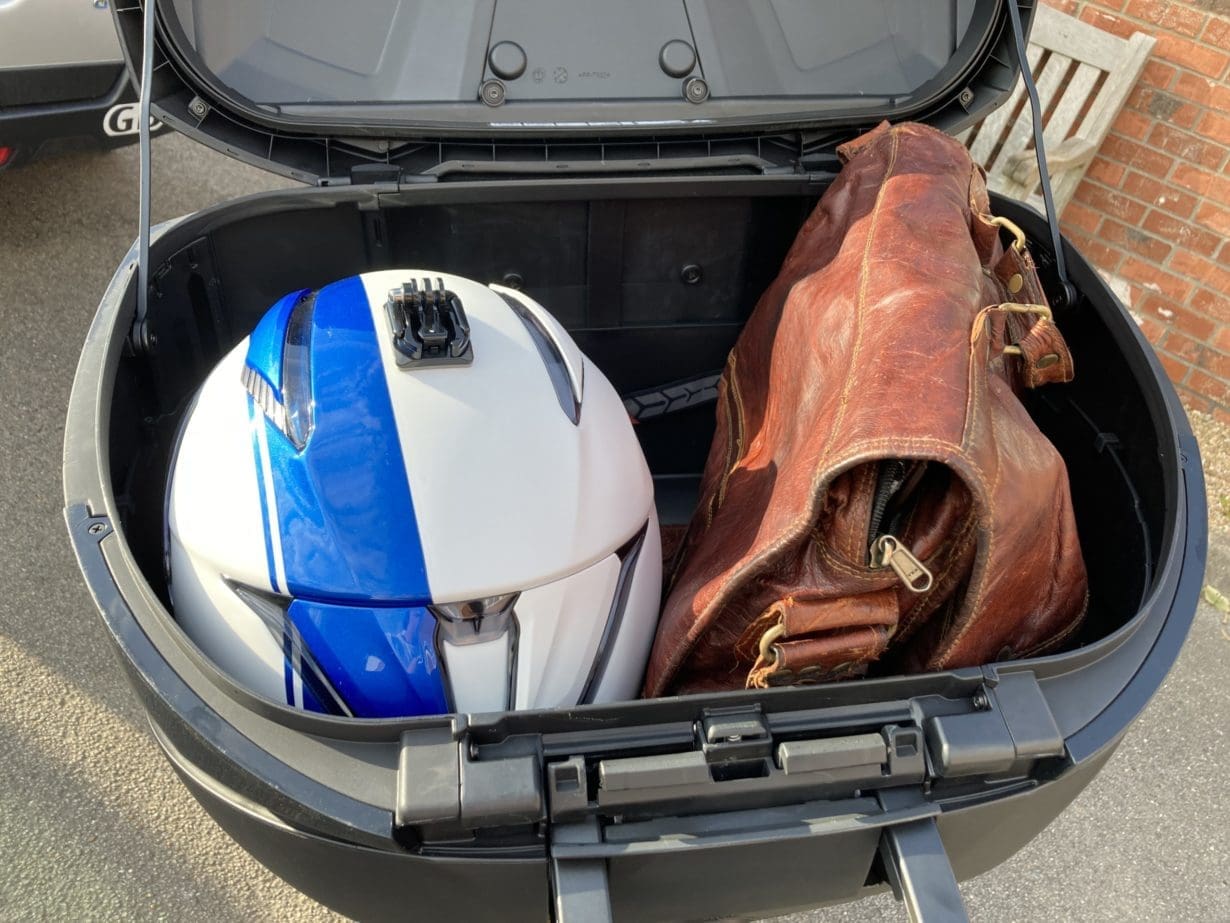 SHAD SH59X top box with HJC helmet and laptop bag
