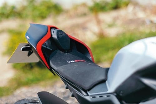 A close up of the seat on the Ducati Panigale V4 SP2