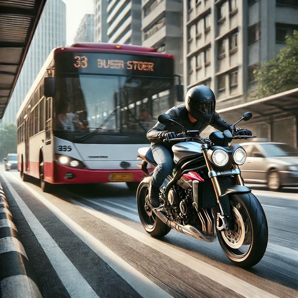 Triumph Street Triple 765 RS overtaking a bus