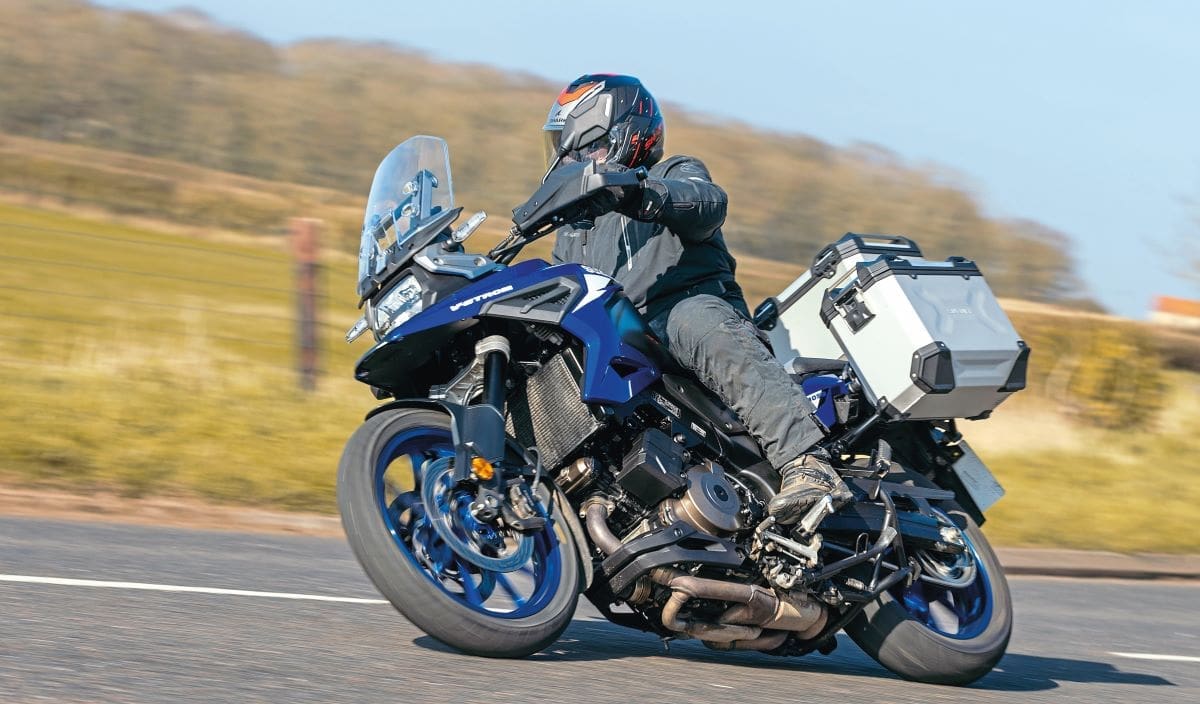 Going around a corner on the Suzuki V-Strom 1050 Tour