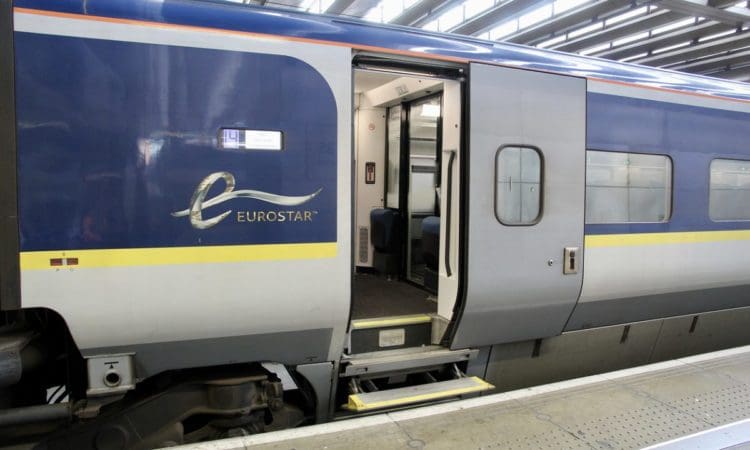 Open door of a Eurostar train at the platform at St Pancras International station