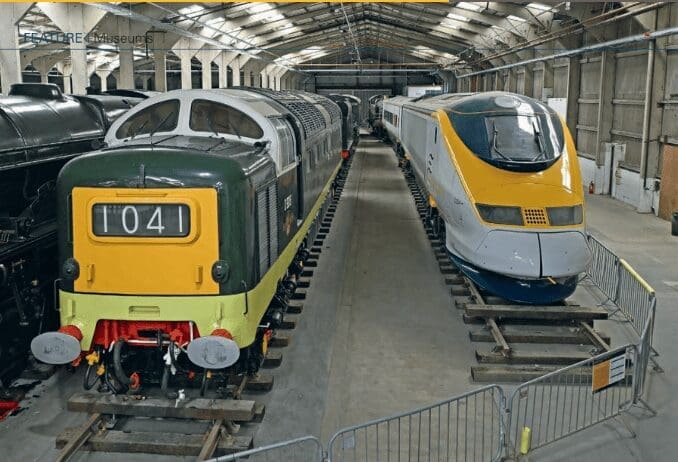 Showcasing state of the art motive power from the 1960s and the 1990s, both the 1:1 and the NRM have a Deltic and a Eurostar in their care. D9016 Gordon Highlander stands next to two vehicles from Eurostar set 3304, a driving motor and a trailer open first, which came to the collection courtesy of Eurostar France. 3304 was one of the sets that briefly worked UK domestic services on hire to GNER so the pair can also claim to demonstrate a top link ECML pedigree too.