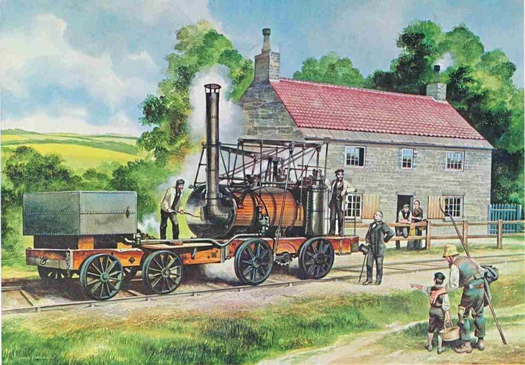 Puffing Billy runs past George Stephenson’s boyhood home alongside the Wylam waggonway, as painted by artist Rob Embleton. DURHAM JOINT CURRICULUM STUDY GROUP.