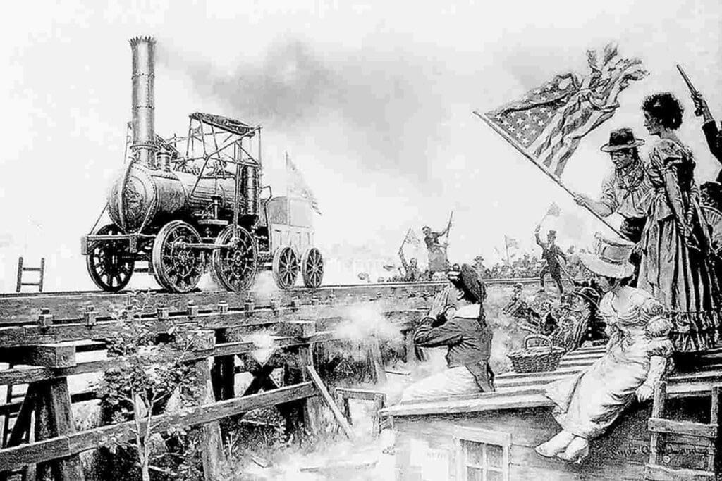 A 1916 charcoal sketch by Clyde Osmer DeLand, depicting the Stourbridge Lion during its trial run on August 8, 1829. It was the first railway locomotive to run in the USA.