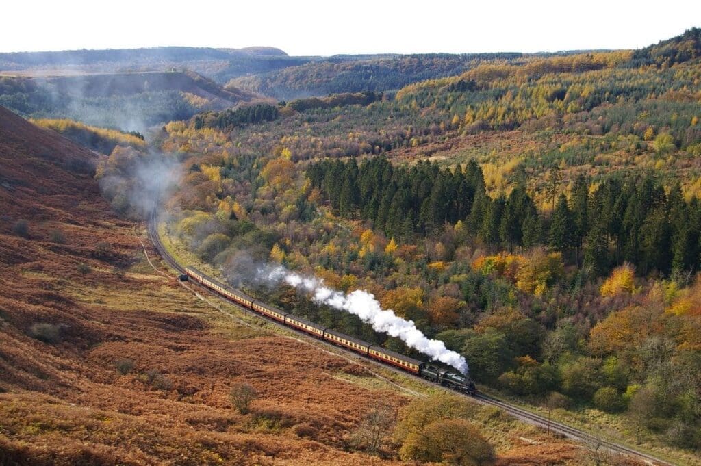 Steam train running through the North Yorkshire Moors
