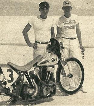 Bob Kelton and Bus Hood with their 1300cc Harley-Davidson at Bonneville Salt Flats