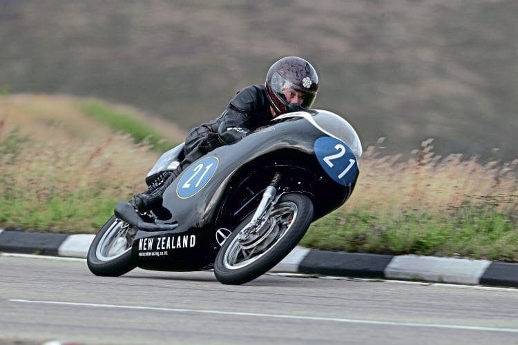 TT course veteran Bill Swallow presses on aboard the Eldee Velocette.