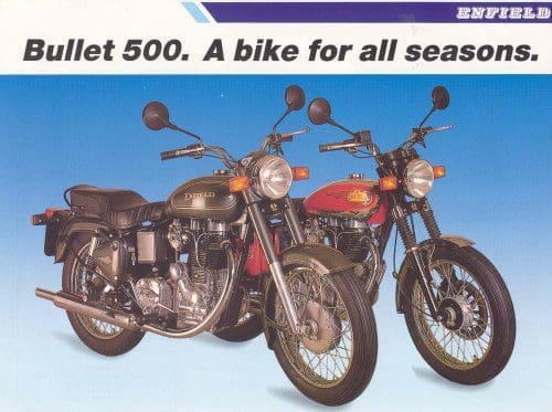 Before 'Enfield' regained its 'Royal' it did have something else to offer, seen lurking here on the big red bike. A disc brake! A disc brake! Any chance once again boys?