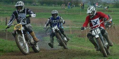 All three Greeves Scramble Models ever made in one shot, (left) Chris Mace aboard 1972 380cc Greeves Griffon, (centre) Ian Aim 1966 250cc Challenger, (right) Michael Eustace on his 1958 250cc Hawkstone.