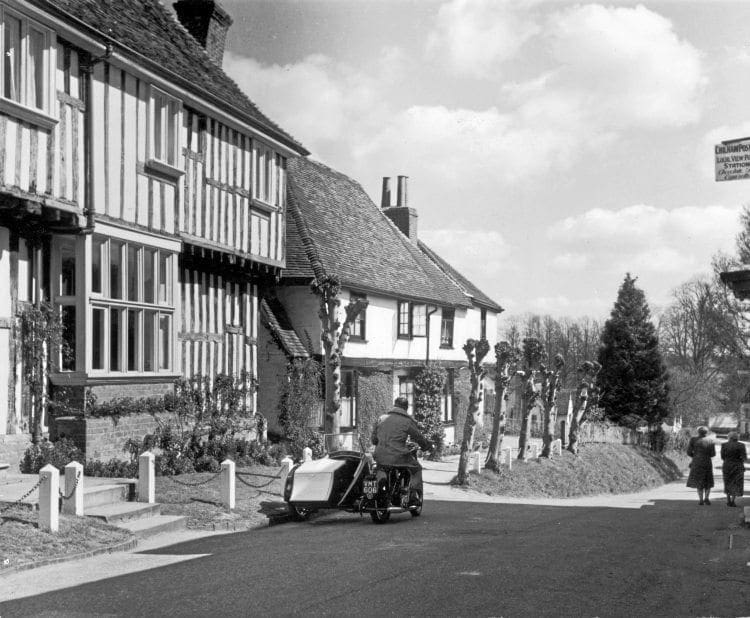 Spring sunshine highlights a picturesque setting for a BSA outfit in Chilham, Kent.