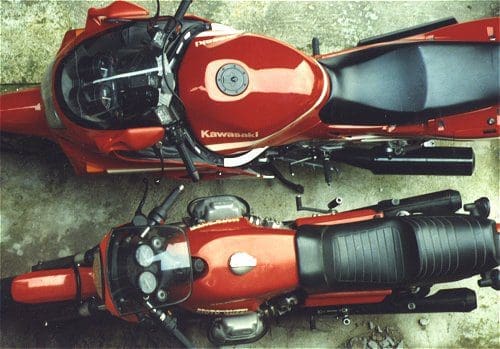 Exotic Location 5: Underneath the bedroom window. Note the Guzzi's sticky out brake pedal, and the tucked in replacement. Interestingly, I've still got one of these bikes. You guess which one...