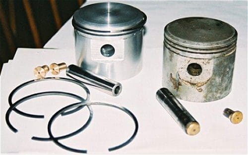 Photo shows a sidevalve piston. Original on right and the author's as yet to be tested, home-made job on the left. The rings are home-made as well as the gudgeon pin and wear pads.