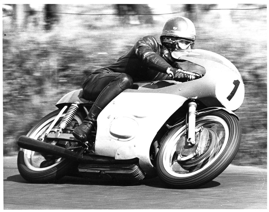 The ultimate and imperious pairing, Giacomo Agostini and the MV Agusta. This is a 350cc version, at the 1968 Ulster GP.