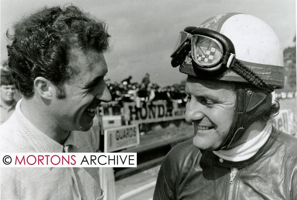 Taken at Mallory Park in September 1969, Colin Seeley is seen with Mike Hailwood. Photo: Mortons Archive.