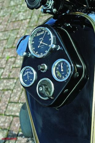 AJS S3 motorcycle restoration, close up of petrol tank and gauges