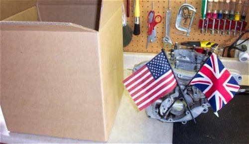 Crankcase and cardboard box united in transatlantic harmony.