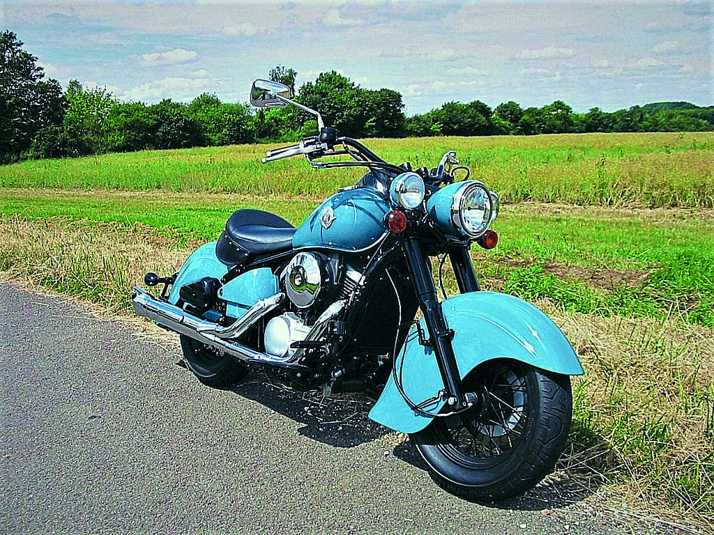 Turquoise Kawasaki VN800 Classic Seen from Behind Editorial Image