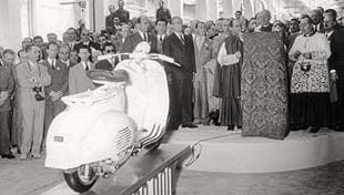 The 1,000,000th Vespa to be built receives a blessing during a ceremony at the ocmpany's Pontedera works