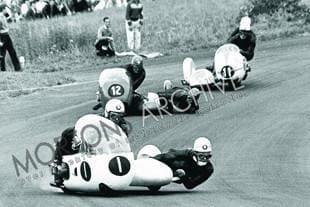 Pip Harris racing a bike with sidecar