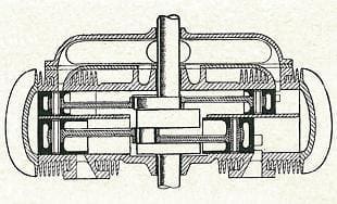 Schematic sectional plan of the layout of A.D. Baxter's proposed two-stroke twin motorcycle engine