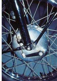BSA fans will recognise the less than gripping group front brake attached to the group front fork. My, what a stopper, they don't say