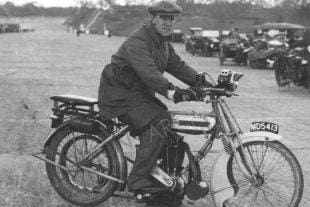 Triumph motorcycle proprietor Frank McNab on Brooklands motorcycle