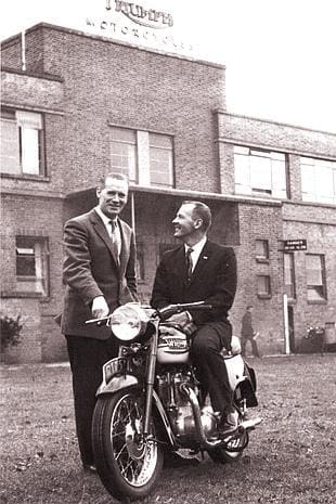 Walt Fulton and Jack Wickes at Triumph's motorcycle factory in Meriden in 1959