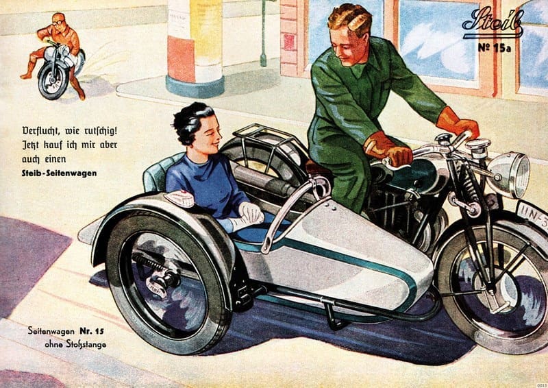 One of a number of posters issued by Steib in the 1930s. In this one the solo motorcyclist is berating the slippery road and vowing to buy an outfit.
