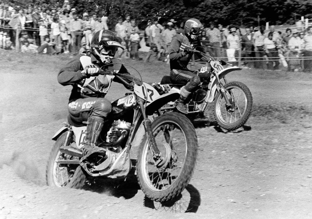 Moto Cross Des Nations 2.9.1973 Wohlen Switzerland, No. 12 Jimmy Aird (CCM) No. 40 Mike Hartwig USA (Husqvarna)