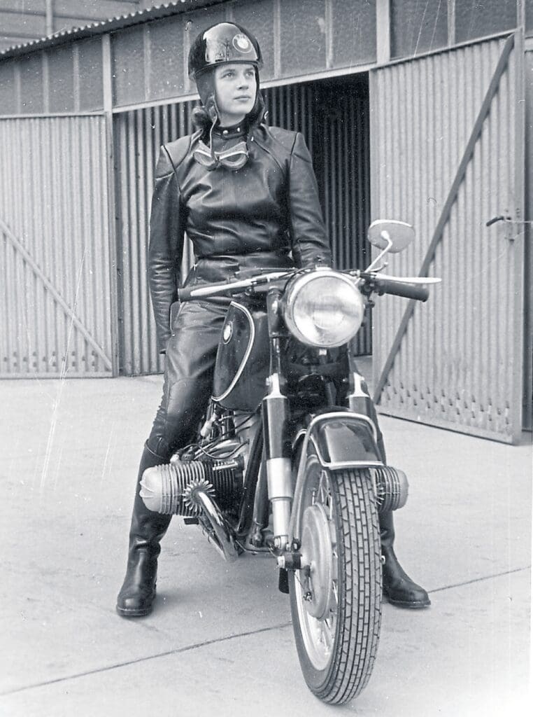 Anka-Eve at about 25, already with trademark suit and BMW-logoed helmet.