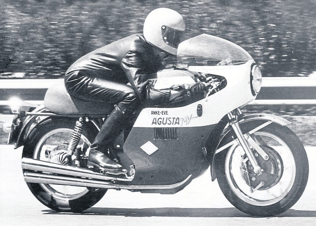 Aboard the MV Agusta – complete with Agostini fairing – in the early ’70s.