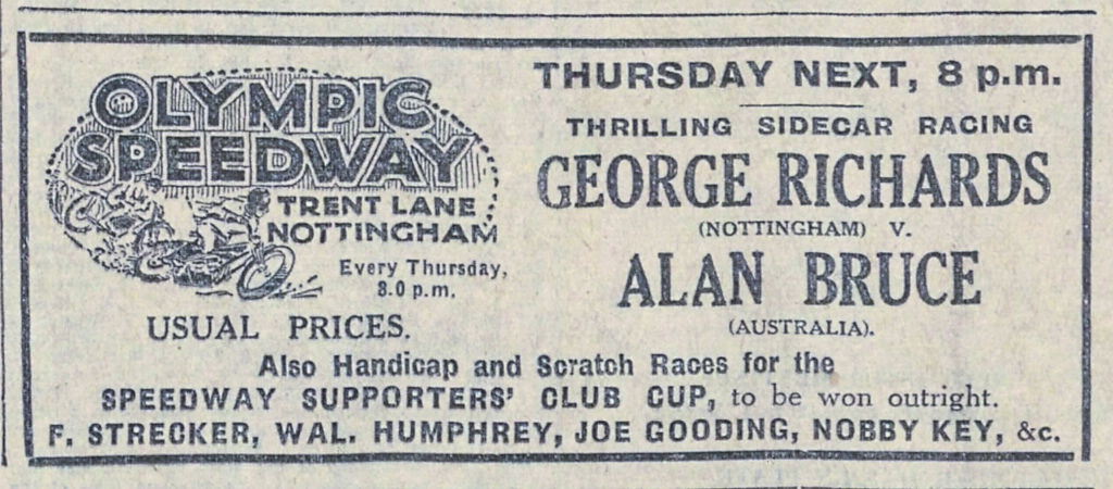 One of the contests between Alan Bruce and George Richards at the short-lived (it closed in 1931) Olympic Stadium in Nottingham.