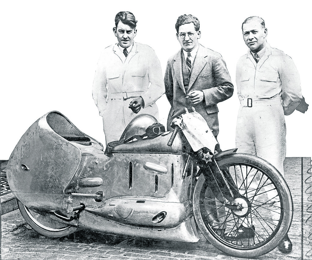 Alan Bruce (left) and Arthur Simcock with, between them, Phil Irving (who refused to wear white overalls, saying ‘a kind of garment I resolutely refused to wear then and ever since’).