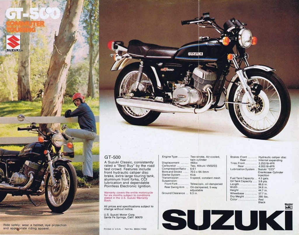 An advertising brochure for the GT500 – although unfortunately the owner appears to be climbing a fence to get away from his bike!