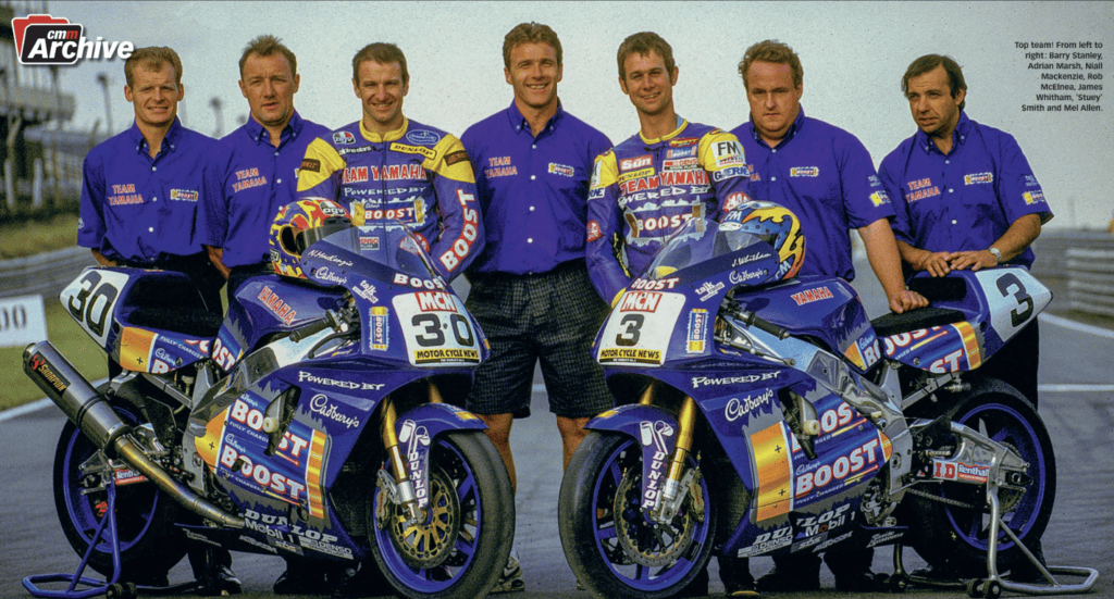 Top team! From left to right: Barry Stanley, Adrian Marsh, Niall Mackenzie, Rob McElnea, James Whitham, 'Stuey' Smith and Mel Allen.