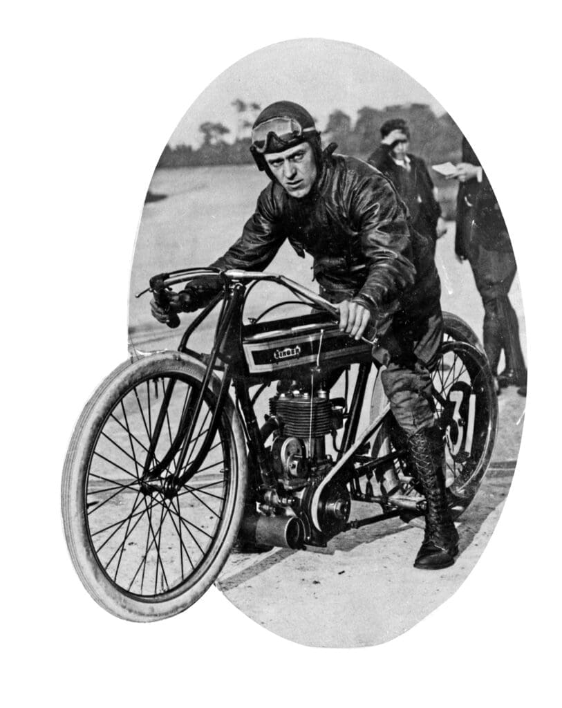 A rider – probably George Ernest Singer – at Brooklands.