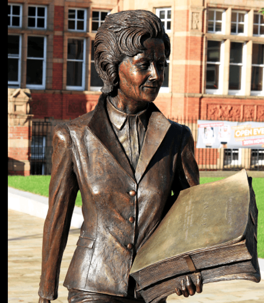 The statue of Barbara Castle in Jubilee Square in Blackburn.