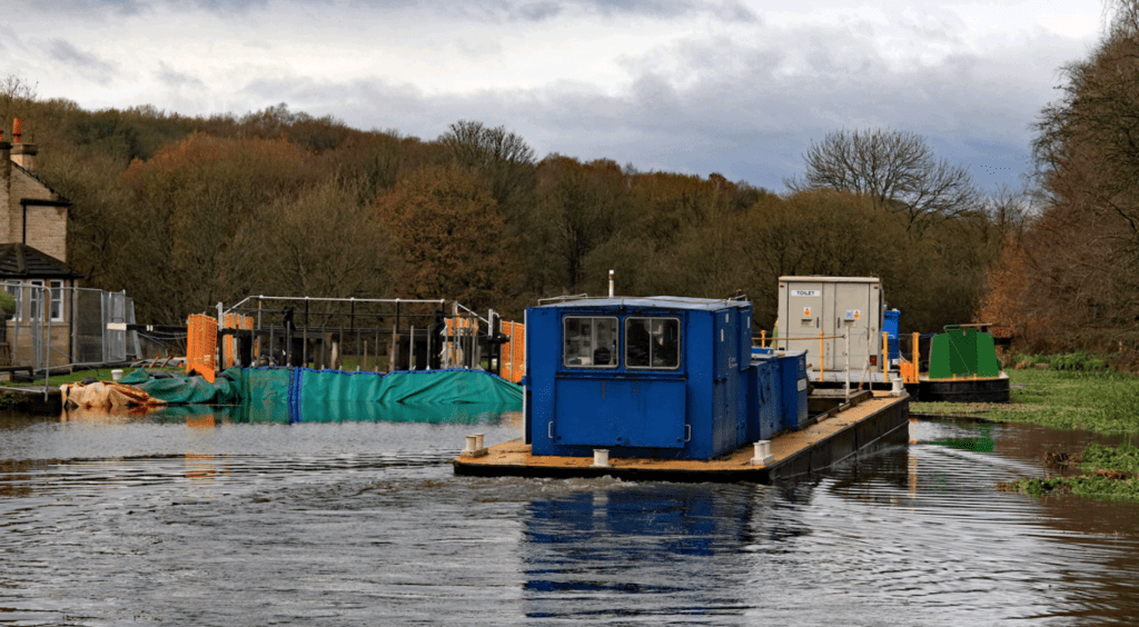 Work boat Murillo arrives at the works at Dean Lock.  PHOTO: COLIN WAREING, COLIN AND CAROLE’S CREATIONS