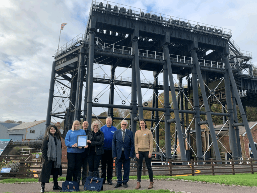 Active Waterways Cheshire volunteers were presented with national Marsh Trust volunteer awards at a special ceremony at Anderton Boat Lift. Pictured here are: Project lead Poppy Learman, Rosemary Smith, David Hall, Lynn Johnson, Malcolm Craig, Jim Robertson and project coordinator Madeline Fowler.