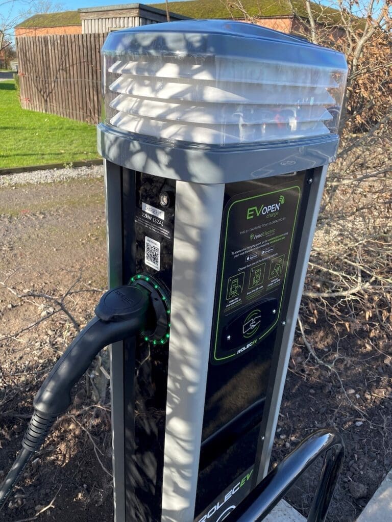 Rolec charging units, operated by VendElectric, enable vehicles to be recharged at 22kW via a type 2 connector.
