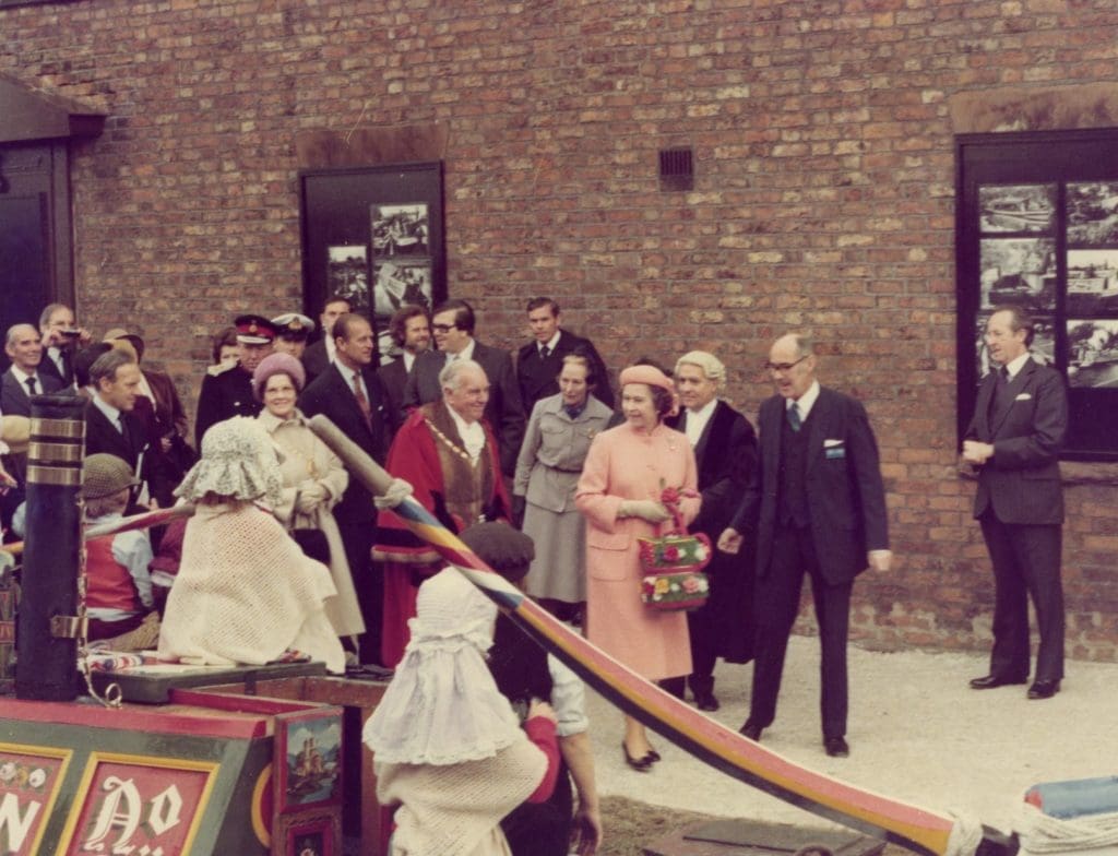 HRH Queen Elizabeth II being shown narrow boats at the Boat Museum Ellesmere Port by Dr David Owen 2 November 1979 low res