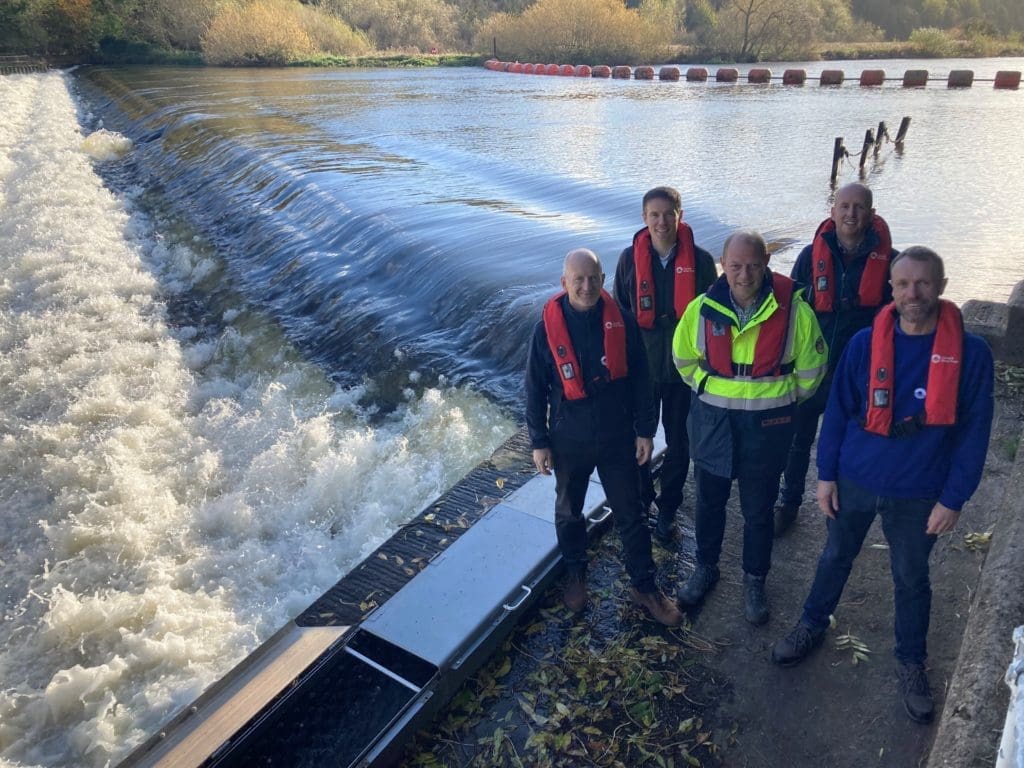 Stoke weir eel pass l-r: Alan Leather (Canal & River Trust), Paul Collins (EDF), Gary Polson (Uniper), Ross Thomson (EDF), Nick Baggaley (Canal & River Trust)