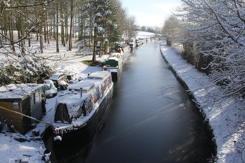Boats covered in snow on the Shropshire Union Canal